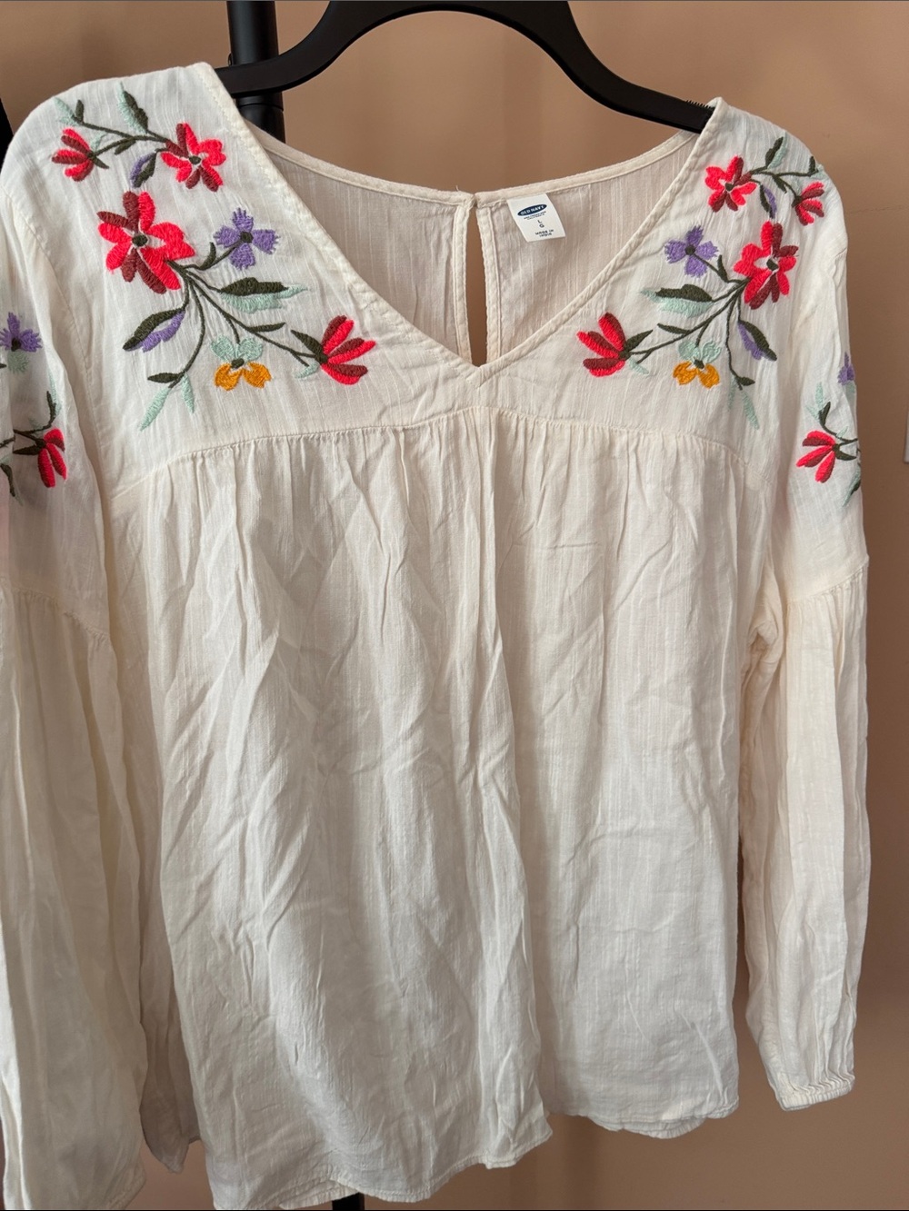 Old Navy Ivory Peasant Top with Red, Purple & Yellow Embroidery